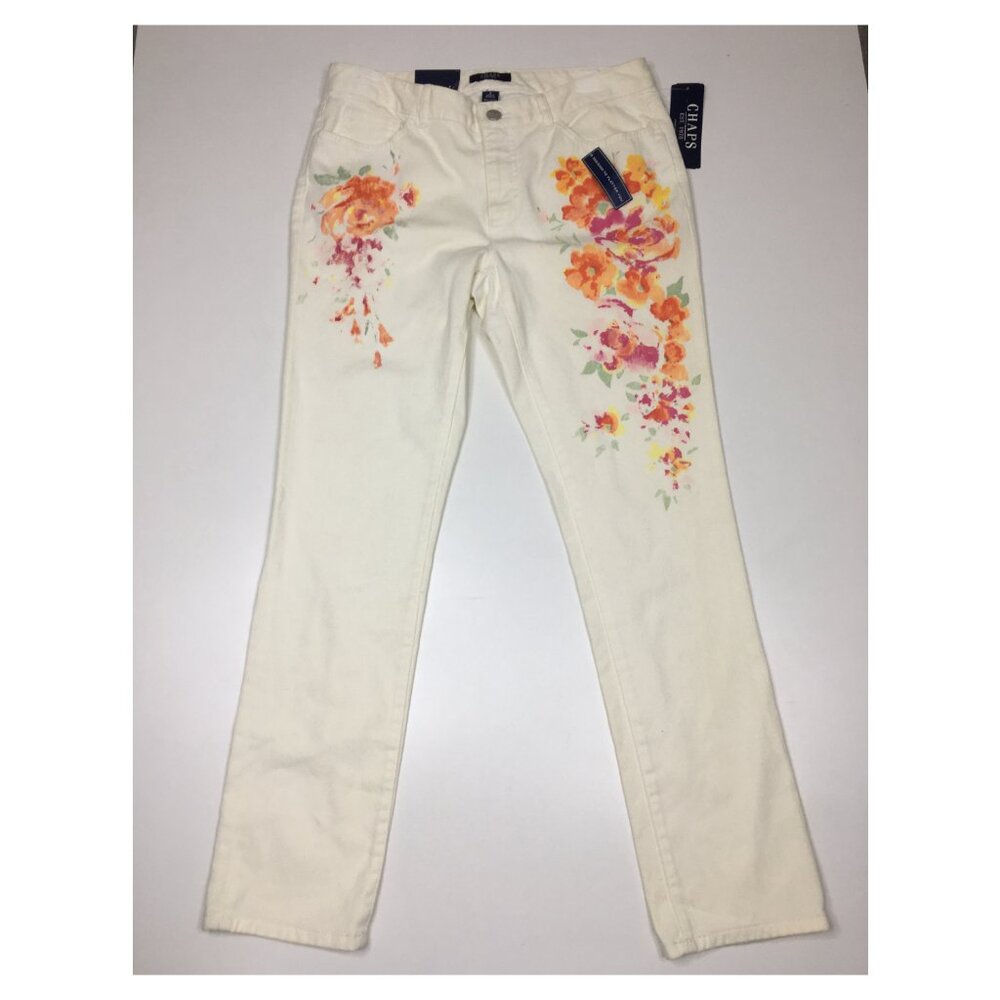 NWT CHAPS 5 Pocket Ivory MultiColor Floral Print Slimming Fit Slim Ankle Jeans
